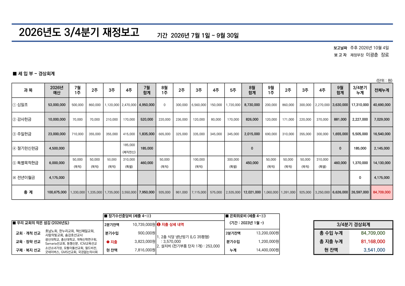 2026년도 3/4분기 재정보고